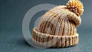 Cozy beige knitted winter hat with pom-pom on blue background