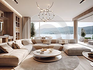 Cozy beige sofa in spacious room with terrace. Luxury home interior design of modern living room in lakeside house, panoramic open