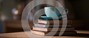The cozy blue cup of coffee resting atop a stack of books. AI generated image