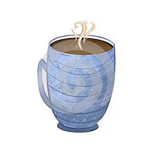 Cozy blue cup of tea, coffee. Kawaii cute texture digital art. Print for stickers, cards, menus, posters, restaurants, cuisine, we