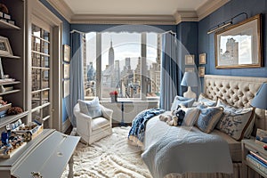 Cozy Blue and White Bedroom with Stunning City Skyline View and Elegant Furnishings