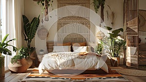 Cozy bohemian bedroom with natural decor and sunlight