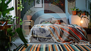 Cozy bohemian style bedroom with vibrant bedding and indoor plants