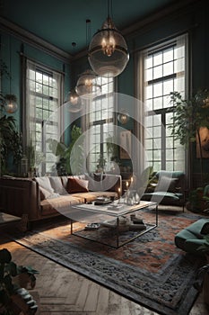 Cozy Bohemian style interior of living room in a house