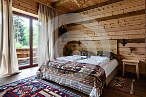 Cozy boho style bedroom interior with wooden walls and ethnic decor