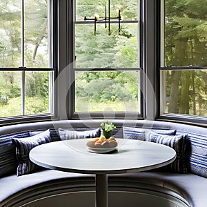 A cozy breakfast nook with a built-in bench, a round table, and natural light from a bay window4, Generative AI