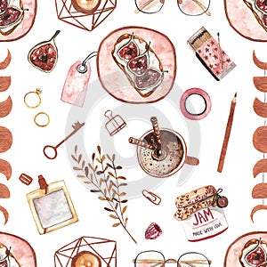 Cozy breakfast. Seamless watercolor pattern