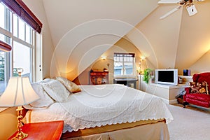 Cozy bright bedroom with cream color vaulted ceiling