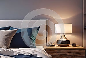 Cozy bright bedroom interior with bedside table and table lamp with photo or painting frame mockup,