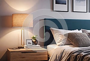 Cozy bright bedroom interior with bedside table and table lamp with photo or painting frame mockup,