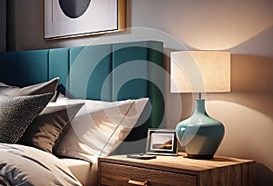 Cozy bright bedroom interior with bedside table and table lamp with photo or painting frame mockup,