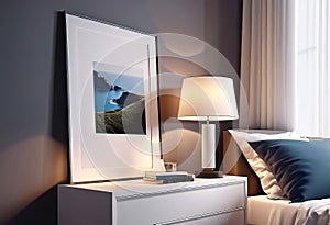 Cozy bright bedroom interior with bedside table and table lamp with photo or painting frame mockup,