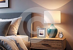 Cozy bright bedroom interior with bedside table and table lamp with photo or painting frame mockup,