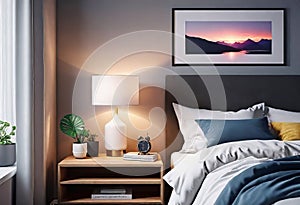 Cozy bright bedroom interior with bedside table and table lamp with photo or painting frame mockup,