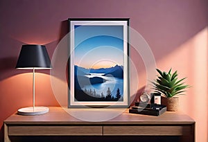 Cozy bright bedroom interior with bedside table and table lamp with photo or painting frame mockup,