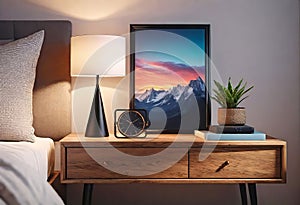 Cozy bright bedroom interior with bedside table and table lamp with photo or painting frame mockup,