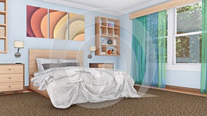Cozy modern bedroom interior 3D rendering