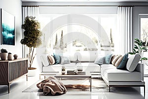 Cozy bright living room with sofa and interior. Generative ai design