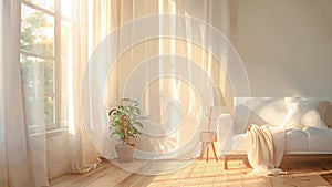 Cozy bright living room with sunlight shining trough window. Curtains moving next to white sofa. 3d rendering picture of