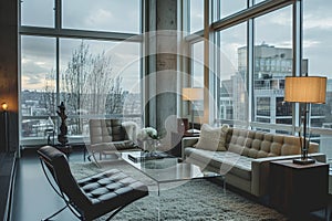 Cozy bright minimalist living room interior in luxury urban apartment. Stylish leather sofa and armchairs, glass coffee