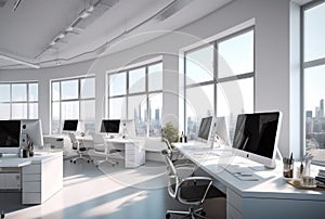 Cozy bright office with cityscape, generative ai