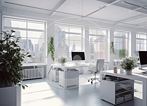Cozy bright office with cityscape, generative ai