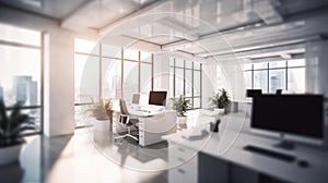 Cozy bright office with cityscape, generative ai