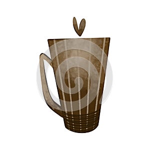 Cozy brown striped cup of tea, coffee. Kawaii cute texture digital art. Print for stickers, cards, menus, posters, restaurants, cu