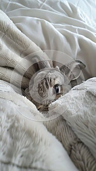 Cozy bunny hiding in soft blankets