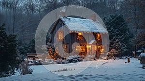 A Cozy Cabin Adorned with Christmas Lights in a Snowy Forest