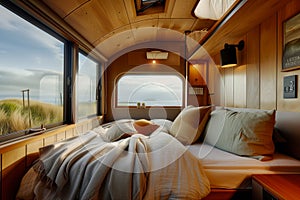 Cozy cabin bedroom interior with ocean view. Interior design photography with warm wood tones and comfortable bedding