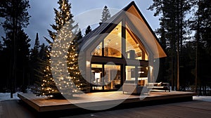 A cozy cabin with a Christmas tree in the front yard