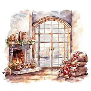 cozy cabin with a fireplace, chair, and Christmas elements illustration, isolated on a white background