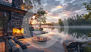 A cozy cabin with a fireplace and a lake in the background by AI generated image