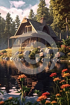 cozy cabin by a peaceful lake surrounded by forest