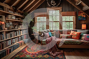 cozy cabin retreat with built-in bookshelves and colorful knickknacks