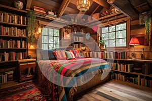 cozy cabin retreat with built-in bookshelves and colorful knickknacks