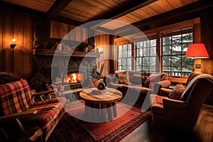 cozy cabin retreat with fireplace and plush armchairs for snuggling