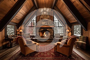 cozy cabin retreat with fireplace and plush armchairs for snuggling