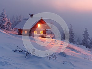 A cozy cabin in a snow-covered landscape lit warmly from within