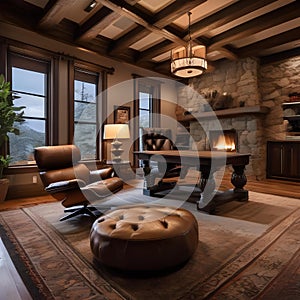 A cozy cabin-style home office with a stone fireplace, leather armchairs, and wood paneling2