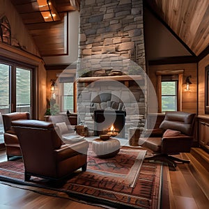 A cozy cabin-style home office with a stone fireplace, leather armchairs, and wood paneling3