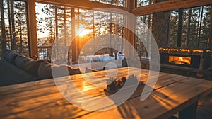 Cozy Cabin Sunset View Fireplace Winter Woods