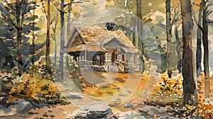 A cozy cabin in the woods brought to life through the use of delicate watercolor techniques photo