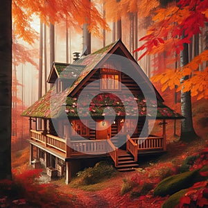 A cozy cabin in the woods surrounded by colorful autumn leaves, Generative AI