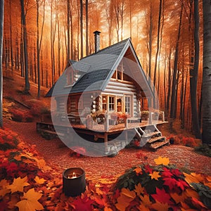 A cozy cabin in the woods surrounded by colorful autumn leaves, Generative AI