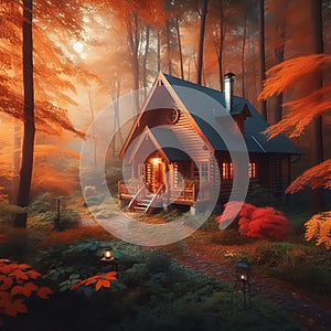 A cozy cabin in the woods surrounded by colorful autumn leaves, Generative AI