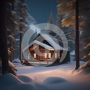 A cozy cabin in the woods surrounded by snow3