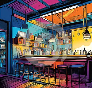 Cozy cafe bar for relaxation, vector stretch illustration for design,