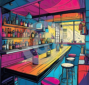 Cozy cafe bar for relaxation, vector stretch illustration for design,